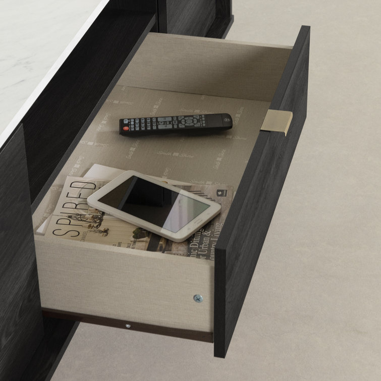 Gray Oak and Faux Carrara Marble TV Stand with Storage Cabinets