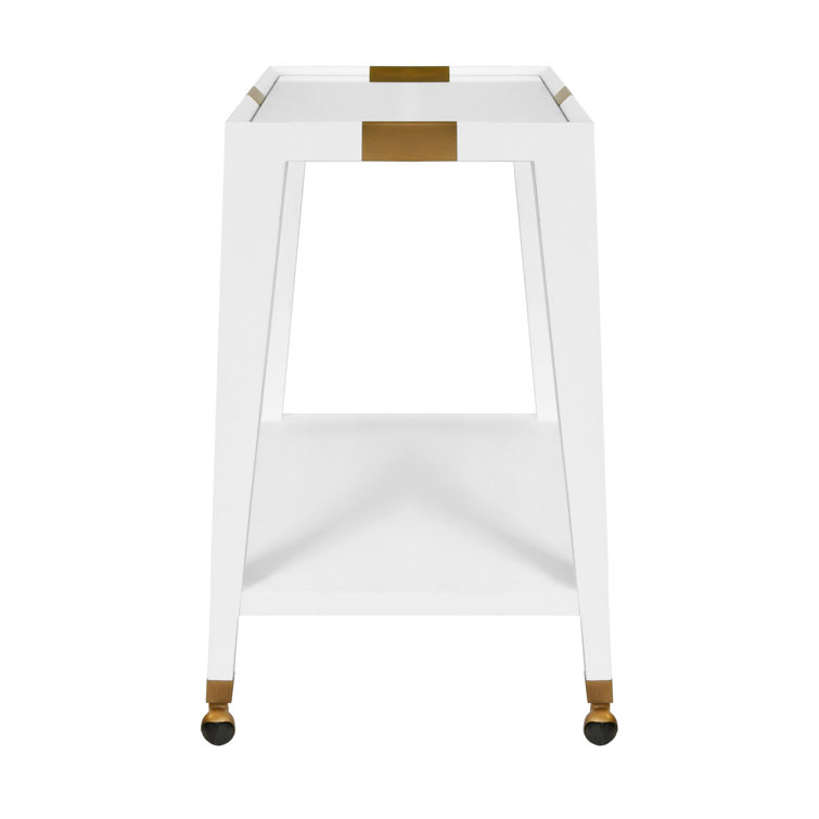 White Wood Bar Cart with Brass Accents and Storage