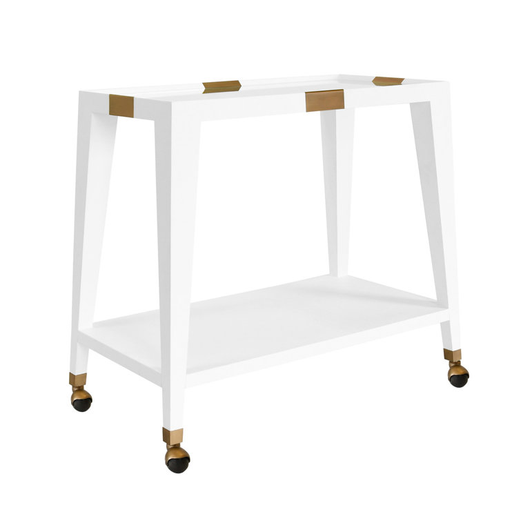 White Wood Bar Cart with Brass Accents and Storage