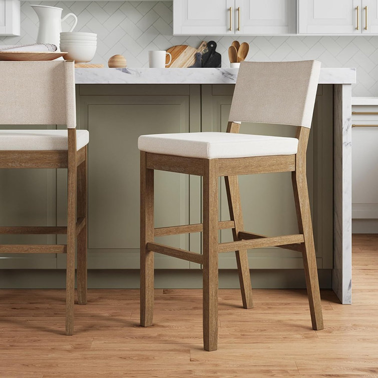 Linus Light Brown Rubberwood Bar Stool with Flax Upholstery