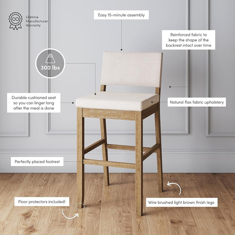 Linus Light Brown Rubberwood Bar Stool with Flax Upholstery