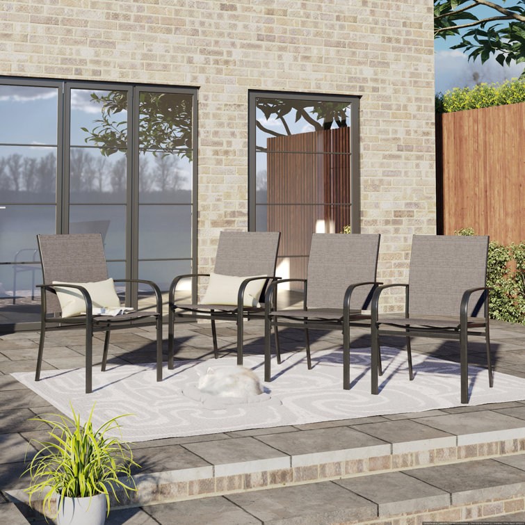 Black Steel Outdoor Dining Armchair with Brown Cushions