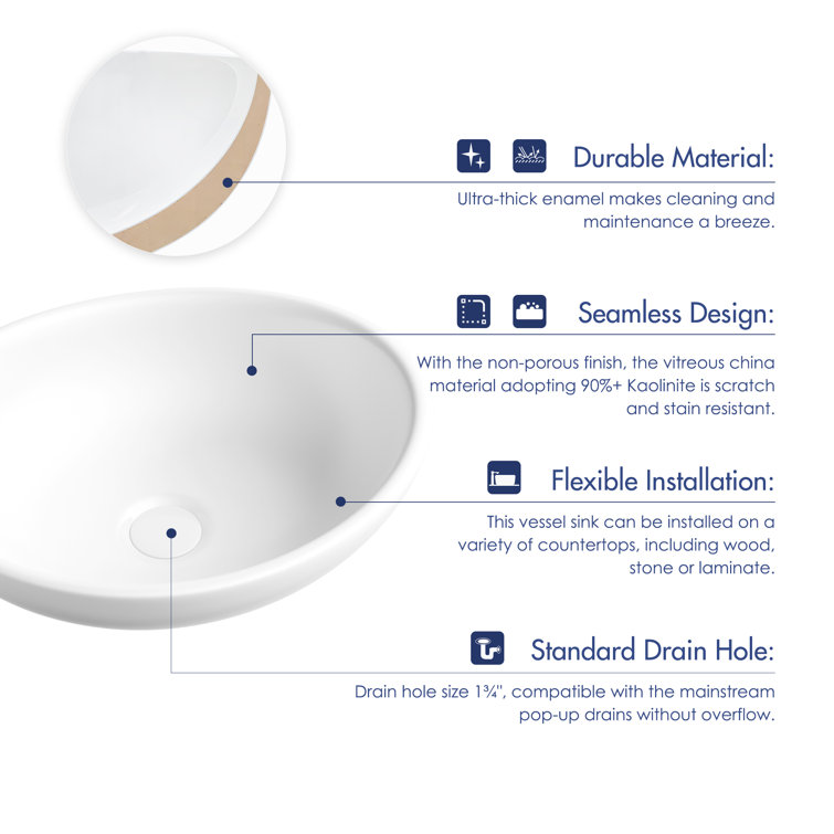 White Polished Ceramic Oval Above-Counter Vessel Sink