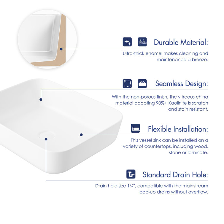 Salerno 20" x 15" White Vitreous China Rectangular Vessel Sink