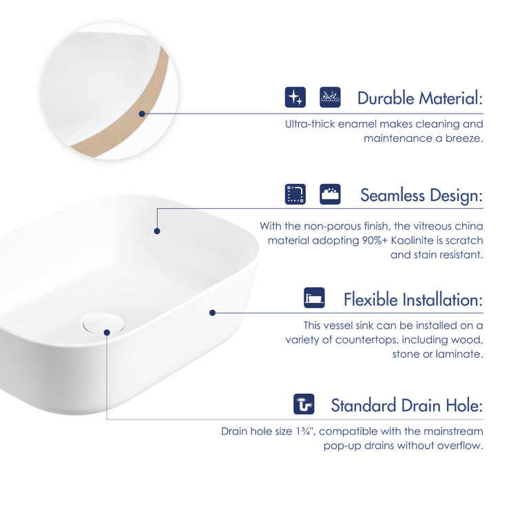 Crisp White Ceramic Rectangular Vessel Bathroom Sink