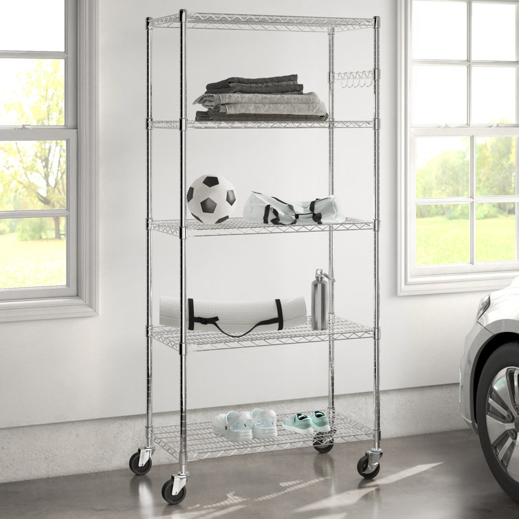 Adjustable Black 5-Tier Chrome Wire Shelving Unit with Hooks