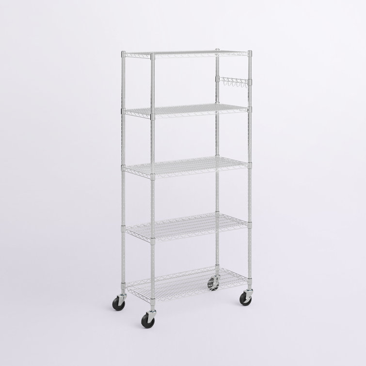 Adjustable Black 5-Tier Chrome Wire Shelving Unit with Hooks
