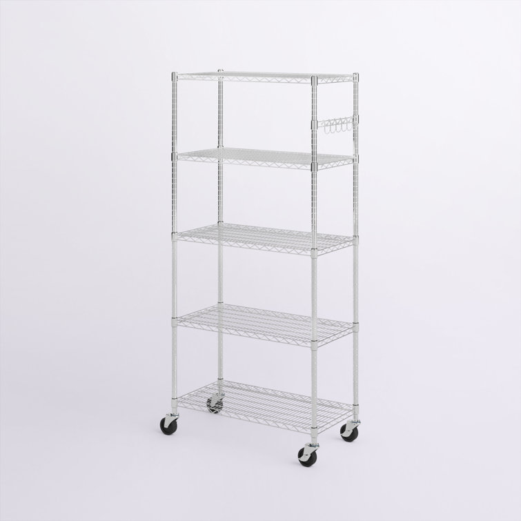 Adjustable Black 5-Tier Chrome Wire Shelving Unit with Hooks