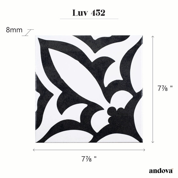 Luv Ti'Amo 8" Black and White Porcelain Encaustic Tile