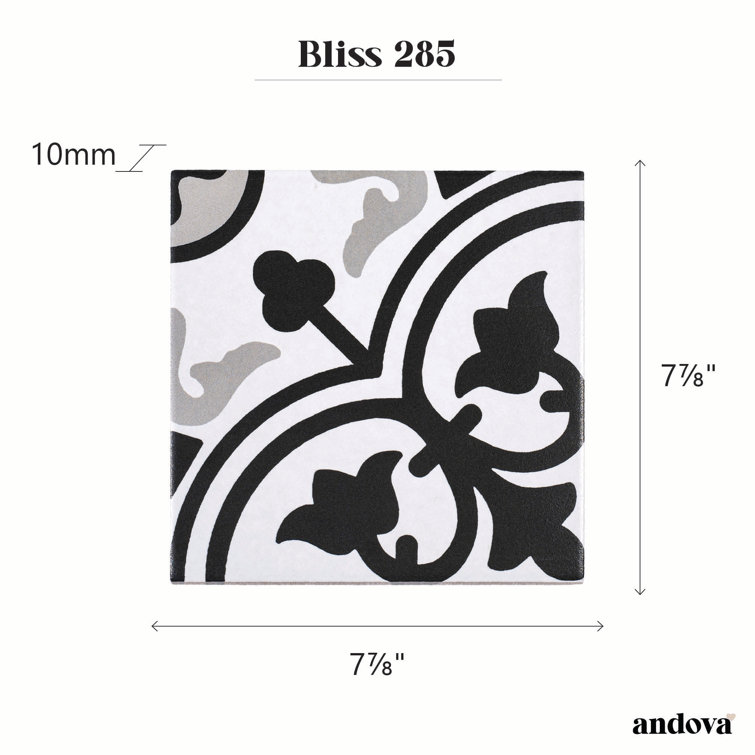 Bliss 8" Black and White Porcelain Patterned Tile
