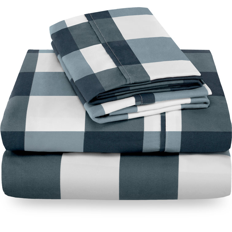 King Gingham Blue Cotton Polyester Microfiber Sheet Set