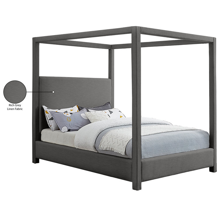 Gray Linen Upholstered King Canopy Bed with Eucalyptus Wood Frame