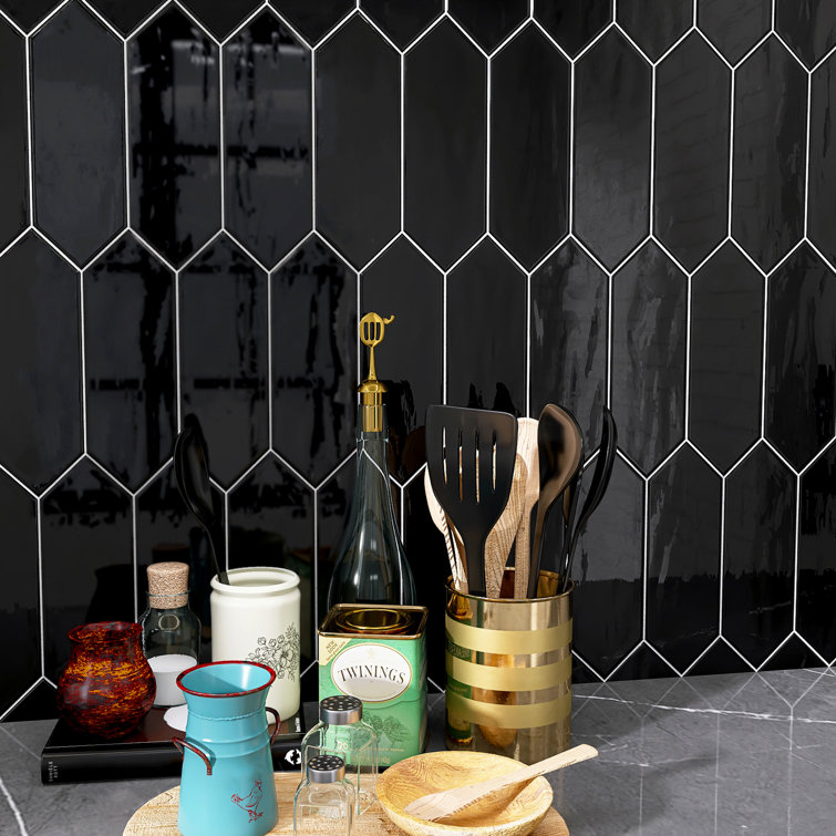 Taylor Black Polished Ceramic Picket Wall Tile 4x12
