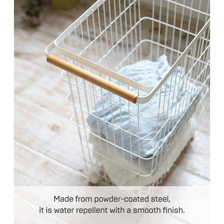 Scandinavian Minimalist Rolling Laundry Hamper in White Steel with Ash Wood Handles