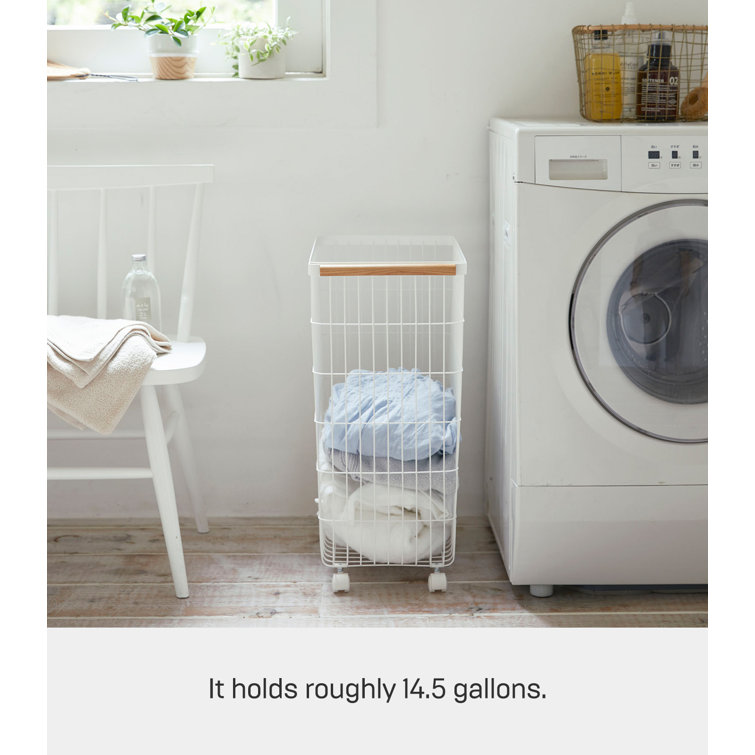 Scandinavian Minimalist Rolling Laundry Hamper in White Steel with Ash Wood Handles