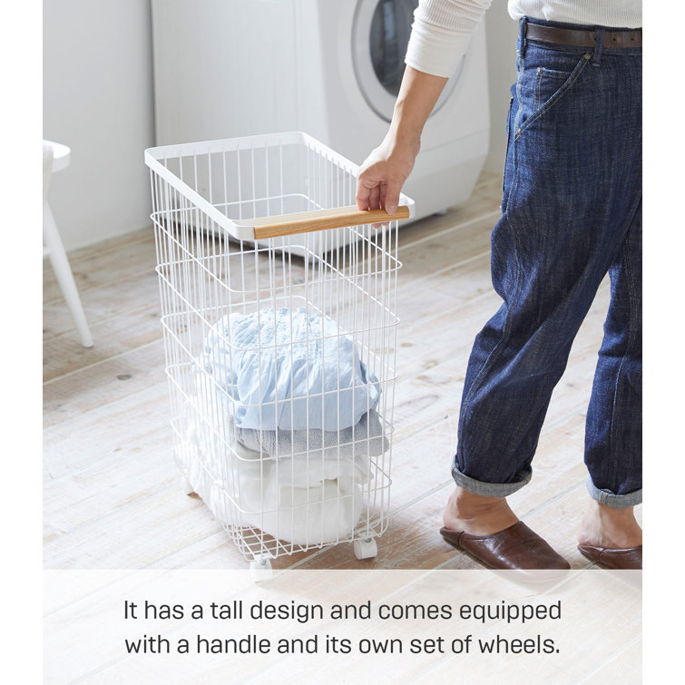 Scandinavian Minimalist Rolling Laundry Hamper in White Steel with Ash Wood Handles
