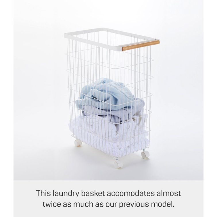 Scandinavian Minimalist Rolling Laundry Hamper in White Steel with Ash Wood Handles