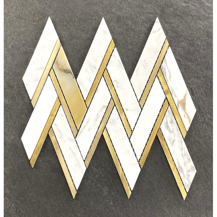 Calacatta Gold and Metal Herringbone Mosaic Wall Tile