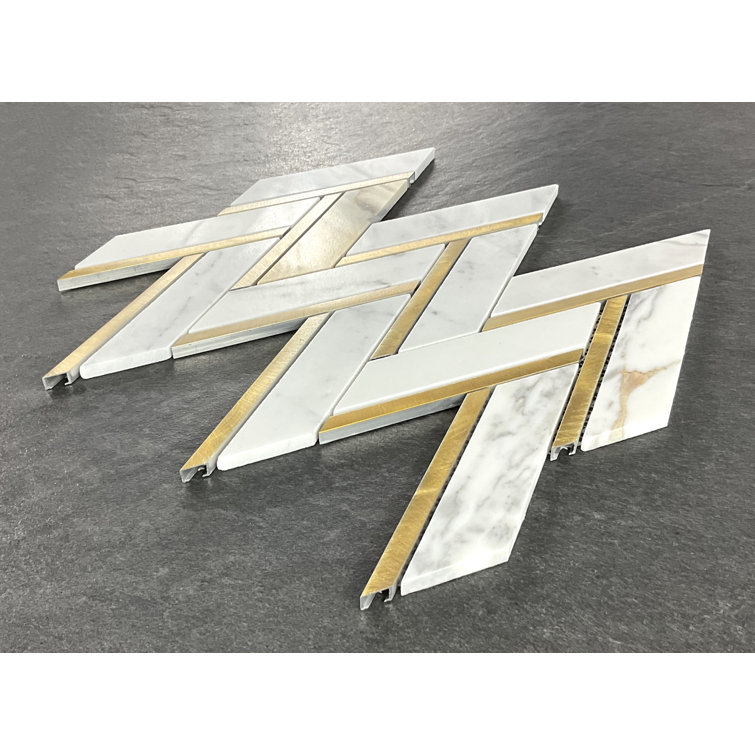 Calacatta Gold and Metal Herringbone Mosaic Wall Tile