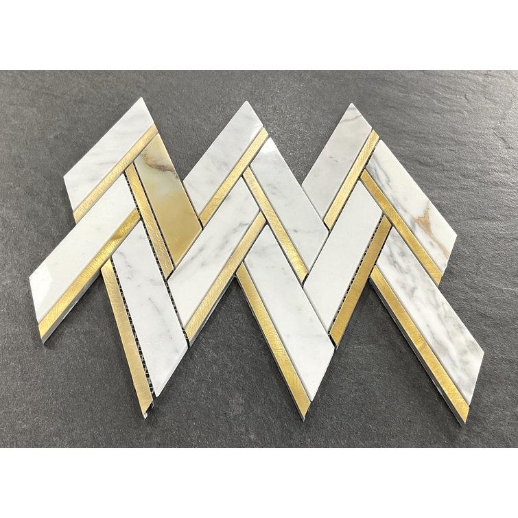 Calacatta Gold and Metal Herringbone Mosaic Wall Tile