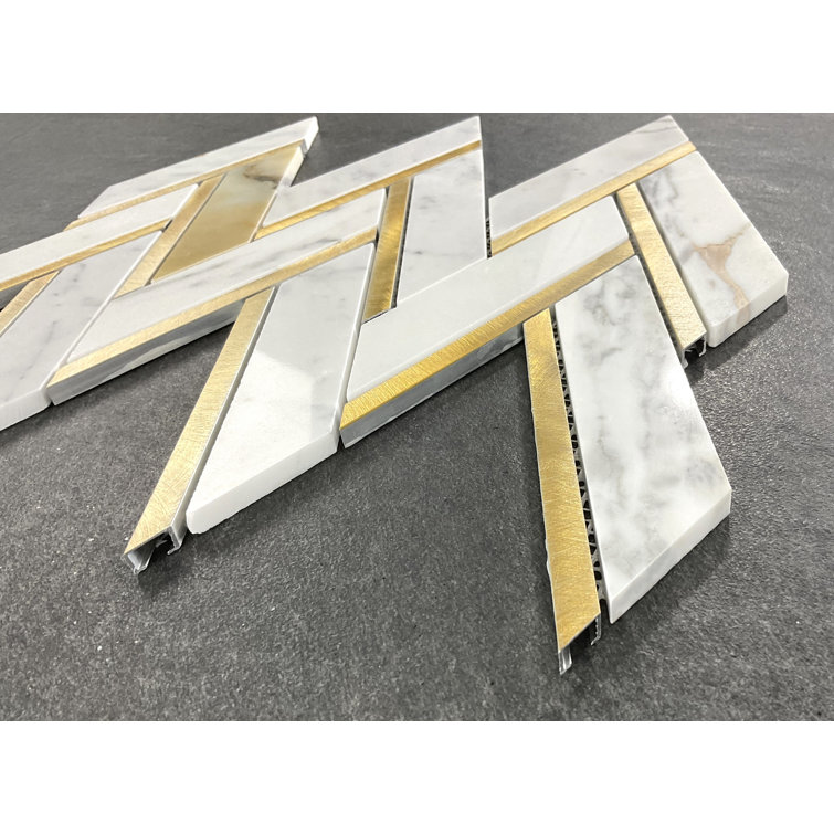 Calacatta Gold and Metal Herringbone Mosaic Wall Tile
