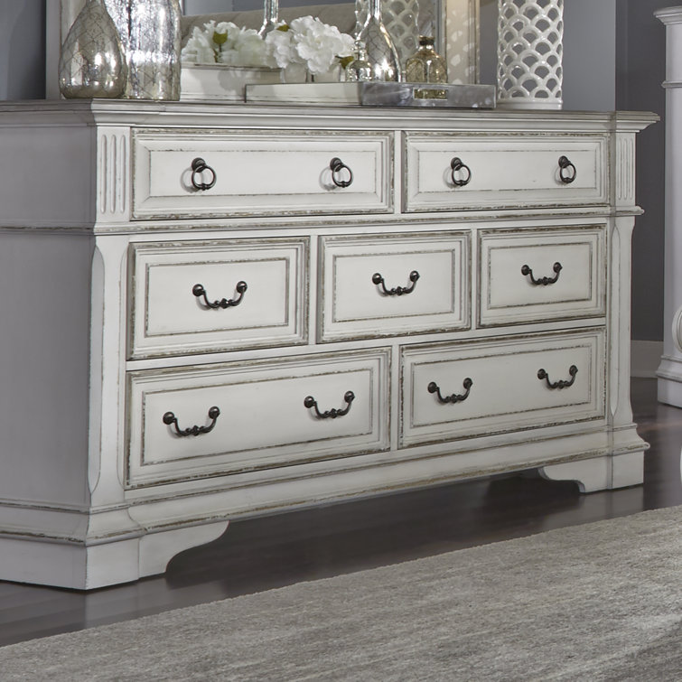 Chamfered Edge Antique White 7-Drawer Dresser with Weathered Top