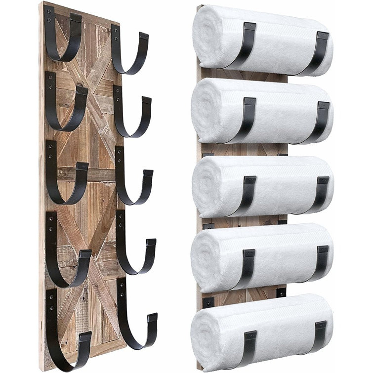 Rustic Brown Wood and Metal Wall Mounted Towel Rack