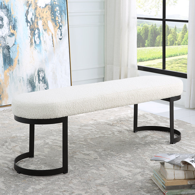 Cream Faux Shearling Upholstered Bench with Black Iron Legs