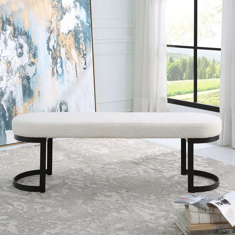 Cream Faux Shearling Upholstered Bench with Black Iron Legs
