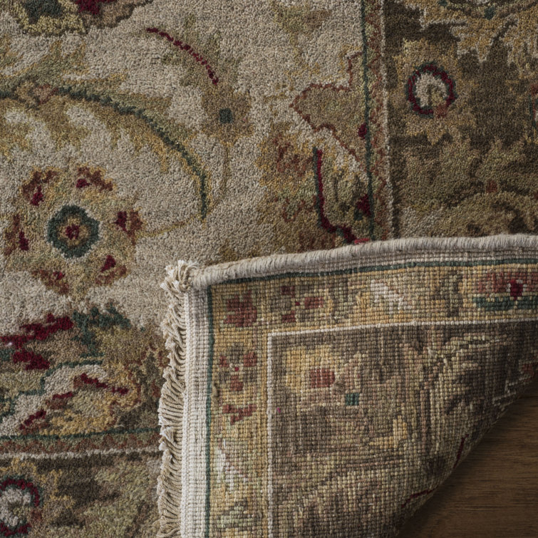 Ivory and Green Hand-Knotted Wool Oriental Rug, 6' x 9'
