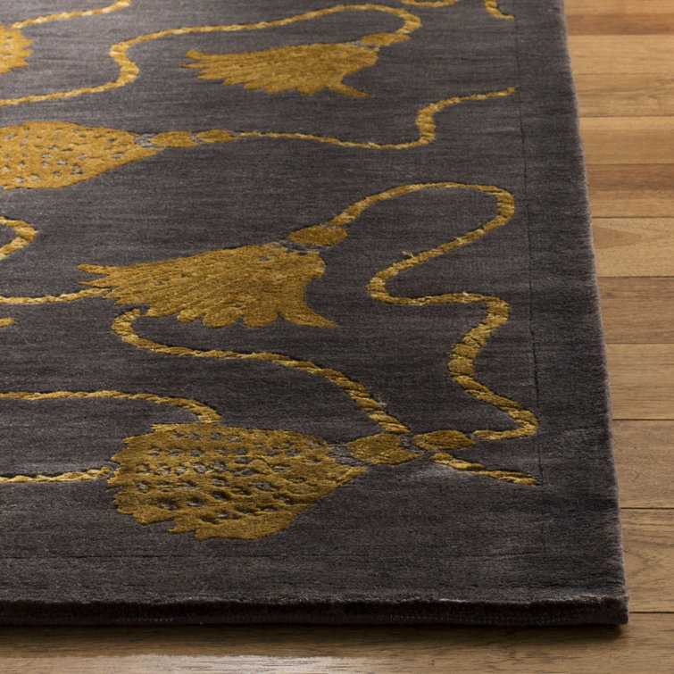 Plum and Gold Geometric Hand-Knotted Wool Silk 9' x 12' Area Rug
