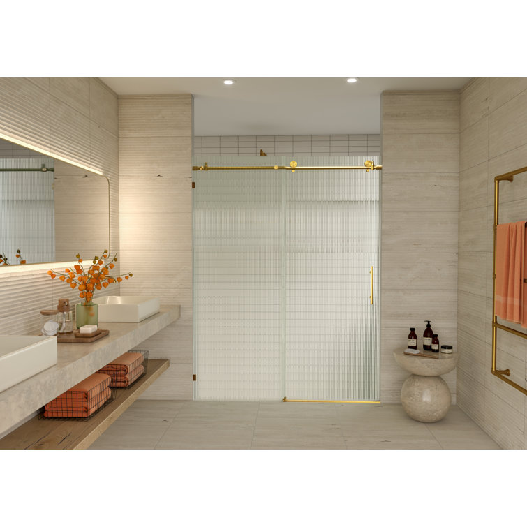 Galaxy 60" x 78" Frameless Fluted Glass Sliding Shower Door in Satin Brass