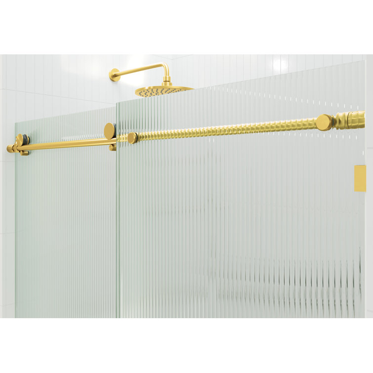 Galaxy 60" x 78" Frameless Fluted Glass Sliding Shower Door in Satin Brass