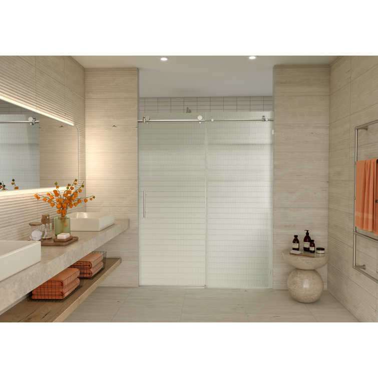 Galaxy 60 in. x 78 in. Frameless Fluted Glass Sliding Shower Door in Brushed Nickel