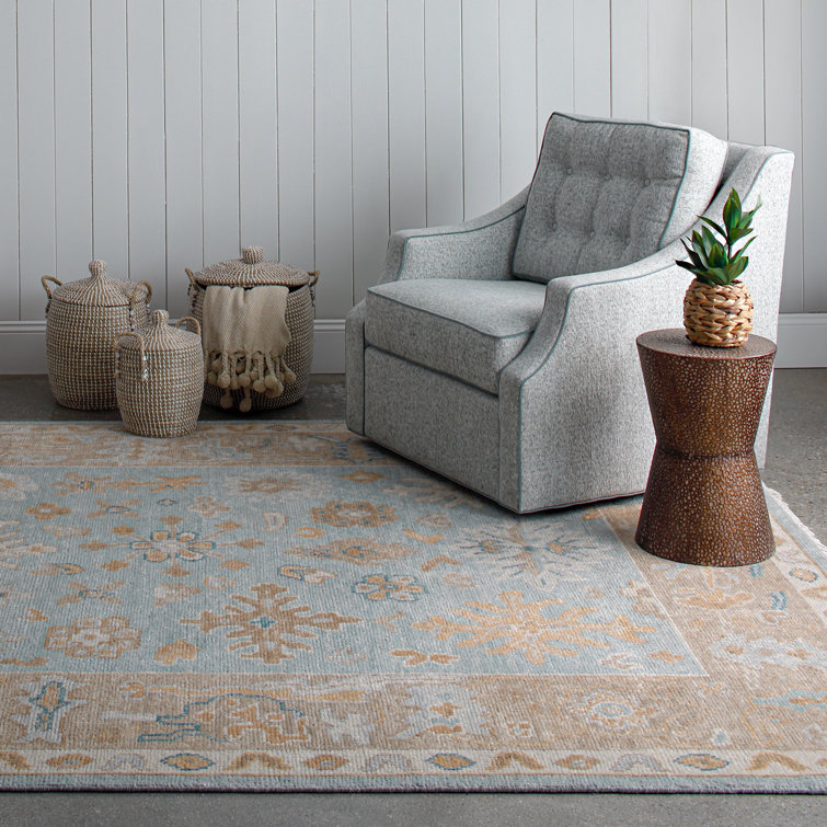 Hand-Knotted Blue and Beige Wool Area Rug with Tassels