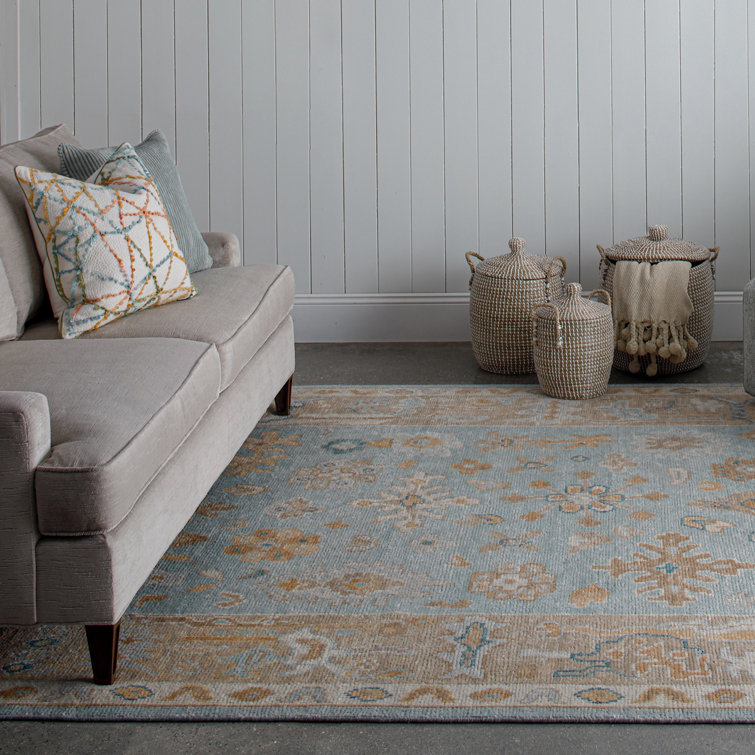 Hand-Knotted Blue and Beige Wool Area Rug with Tassels