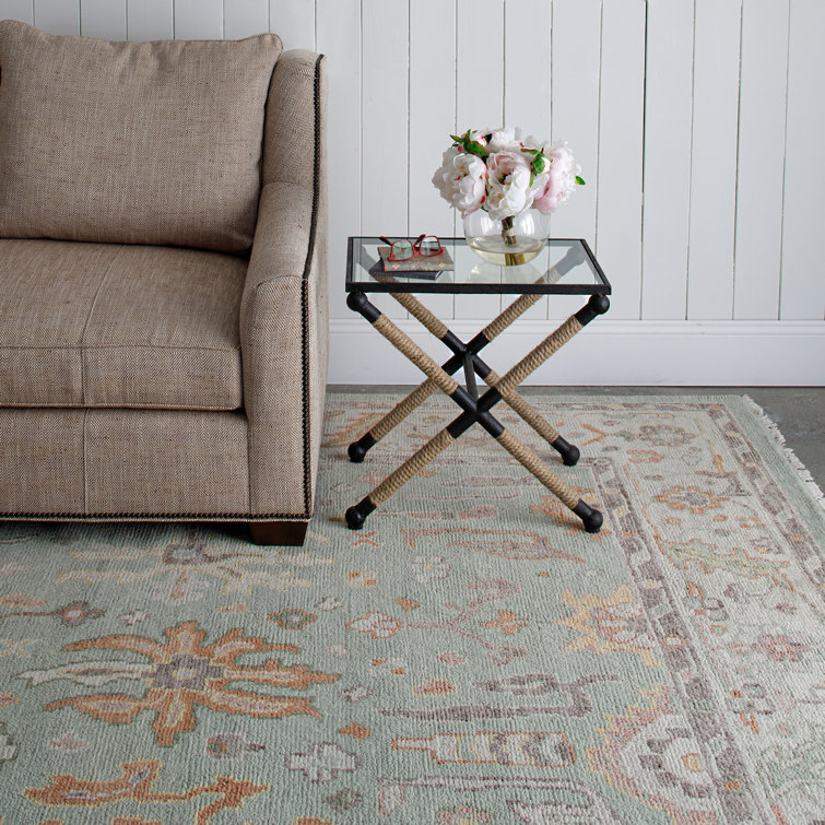 Meadow Hand-Knotted Wool Area Rug in Pastel Green and Coral