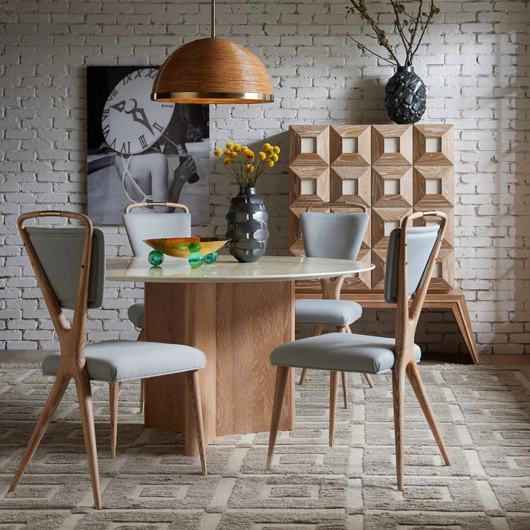Round White Marble and Oak Dining Table for Six