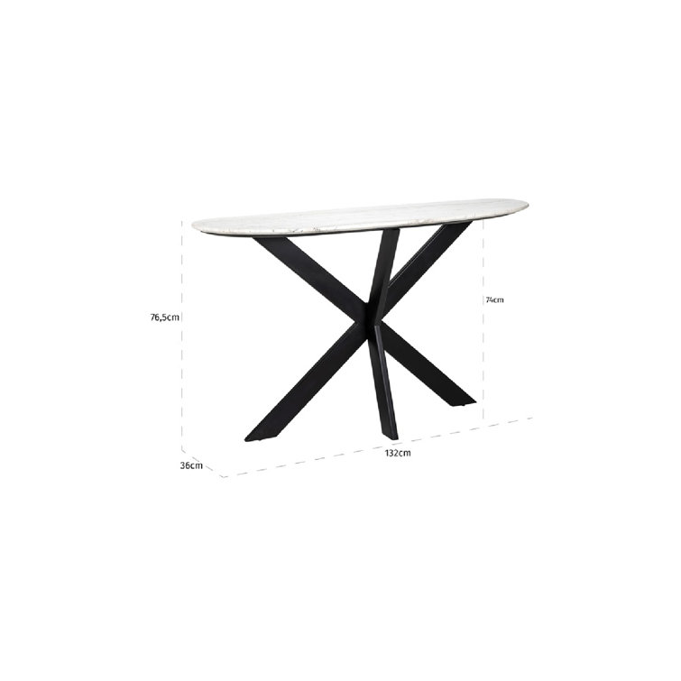 White Marble and Black Iron Cross Leg Console Table