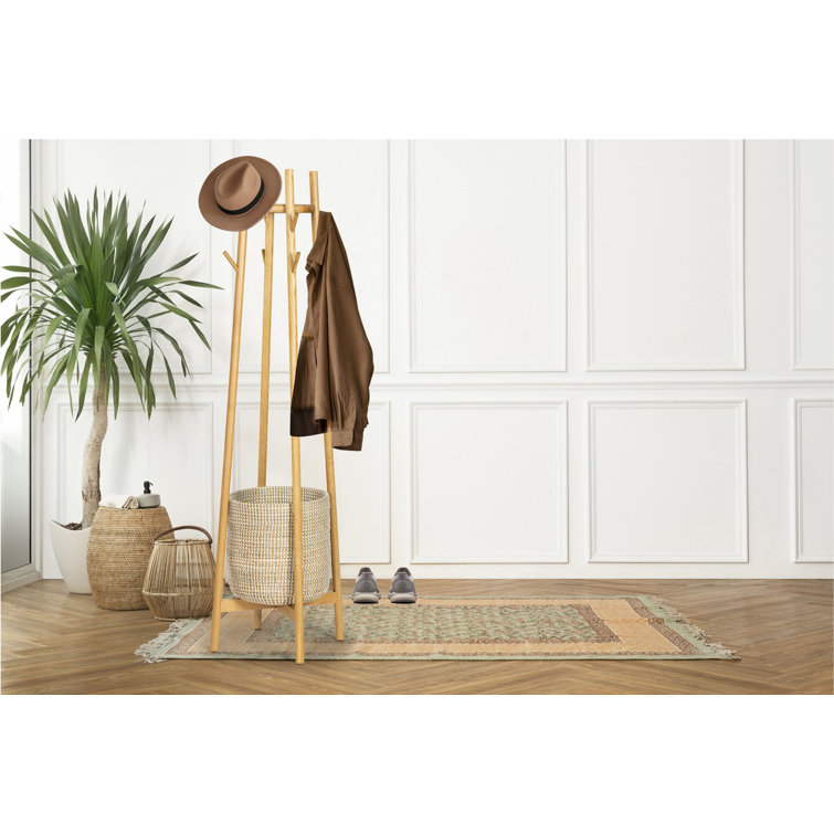Natural Oak Coat Rack with Woven Basket and Eight Hooks