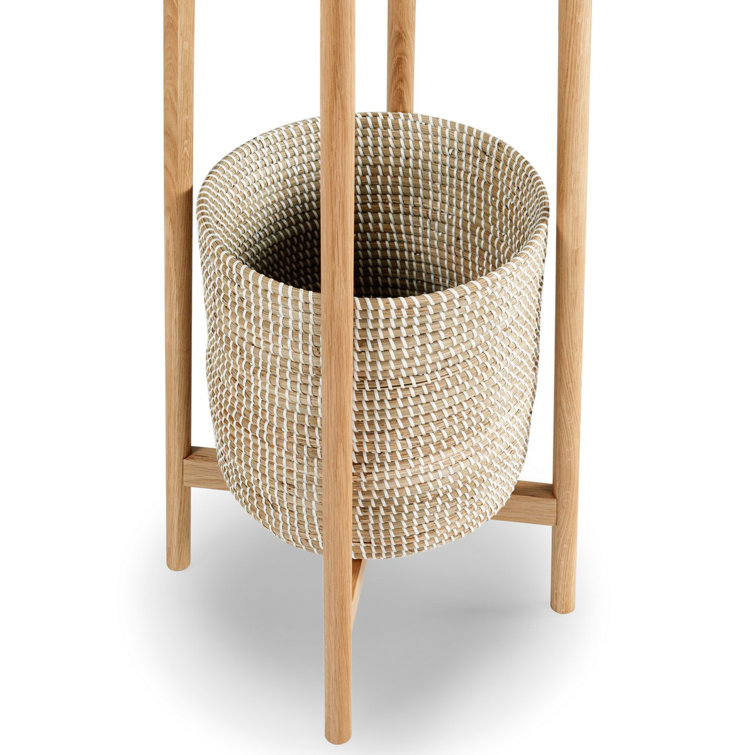 Natural Oak Coat Rack with Woven Basket and Eight Hooks