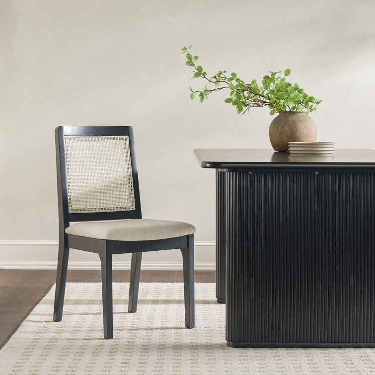 Black Solid Wood Dining Chair with Rattan Inset Back, Set of 2