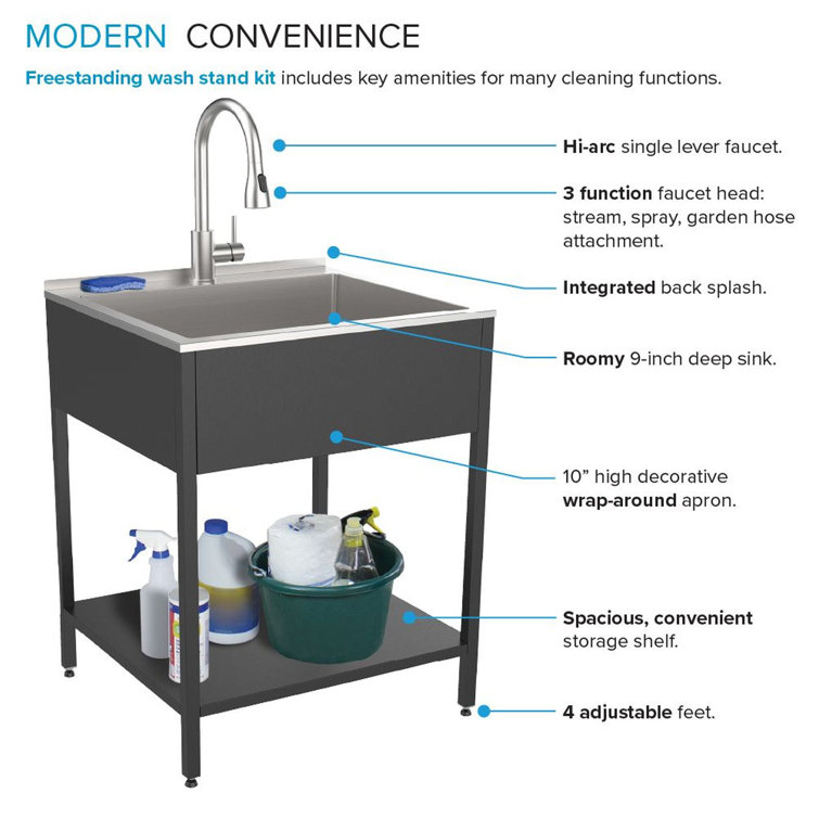 24'' Matte Black Stainless Steel Freestanding Laundry Sink with Faucet