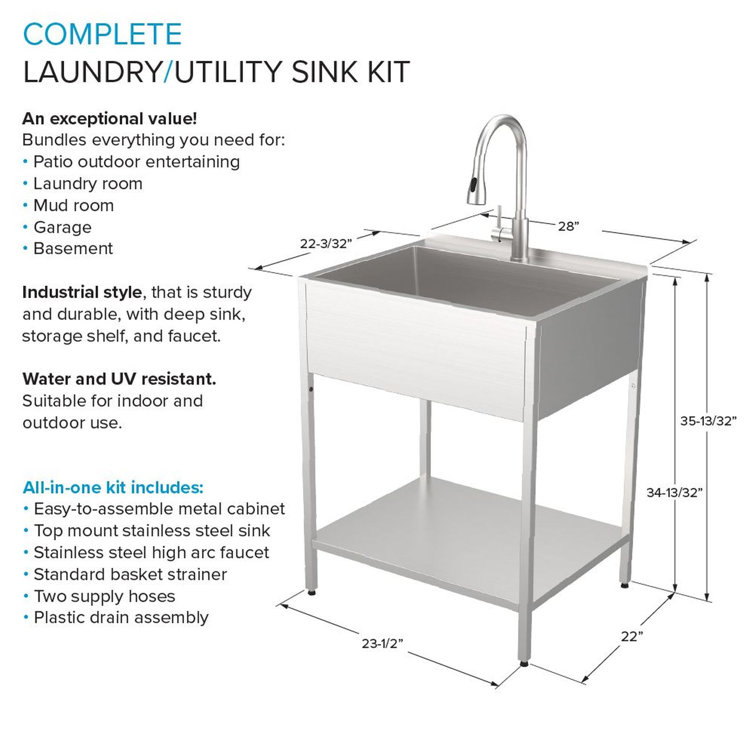28'' Brushed Stainless Steel Freestanding Laundry Sink with Faucet