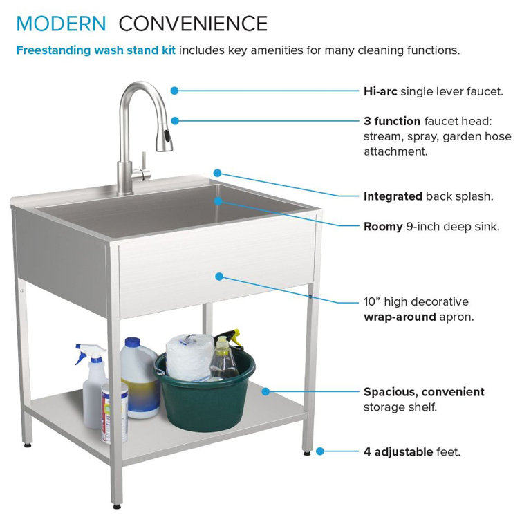 28'' Brushed Stainless Steel Freestanding Laundry Sink with Faucet