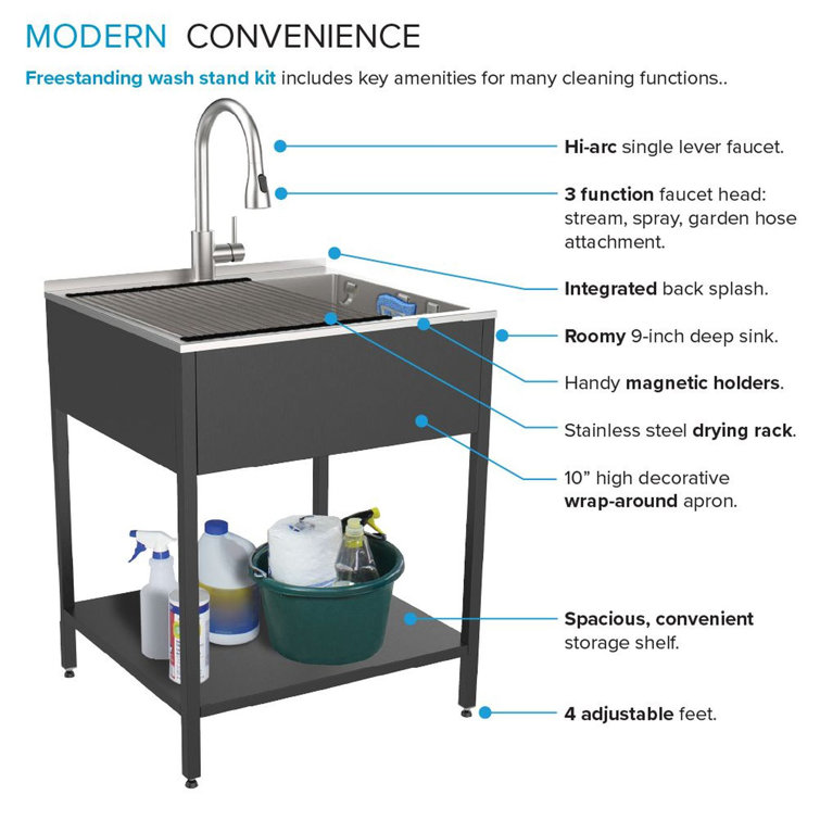 24'' Matte Black Stainless Steel Freestanding Laundry Sink with Washstand