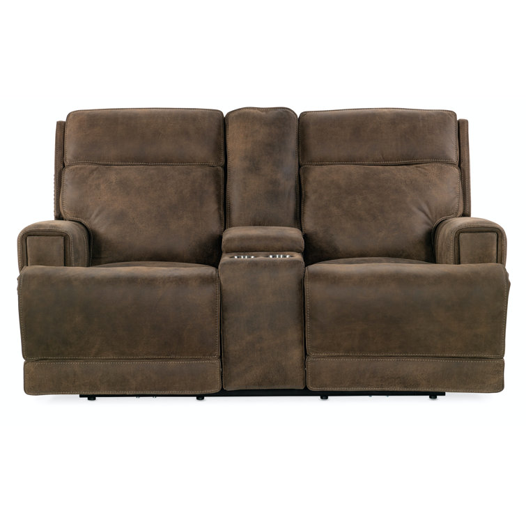 Seville Timber Brown Leather Reclining Loveseat with Storage and Cup Holder