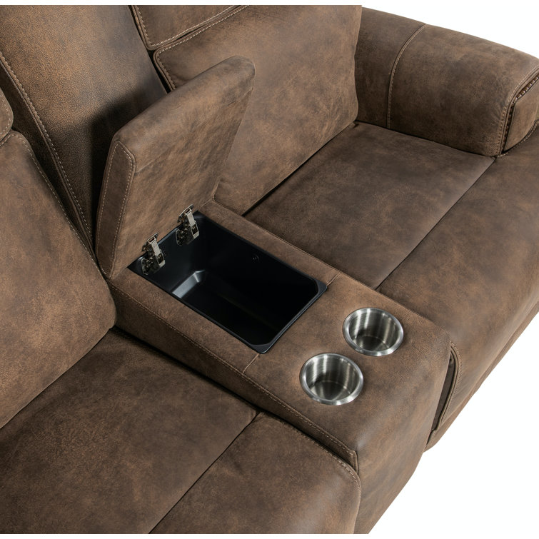 Seville Timber Brown Leather Reclining Loveseat with Storage and Cup Holder