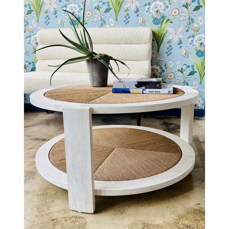 White and Light Brown Rattan Two-Tier Coffee Table