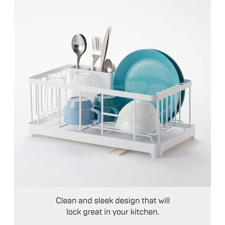 Sleek 16.5'' White Steel Dish Drainer Rack with Utensil Cup
